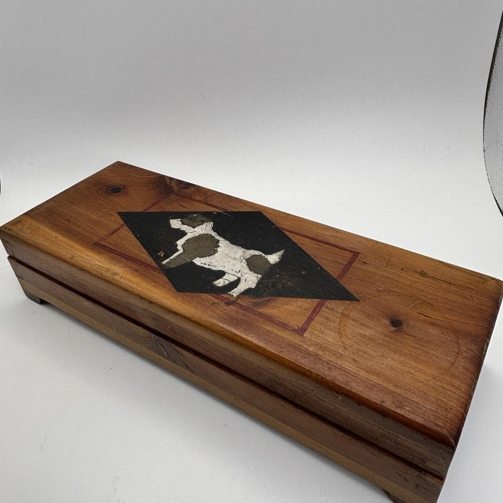 Vtg Wooden Jewelry / Trinket Box Dove Tail Joints Mirrored Dog Terrier HandPaint